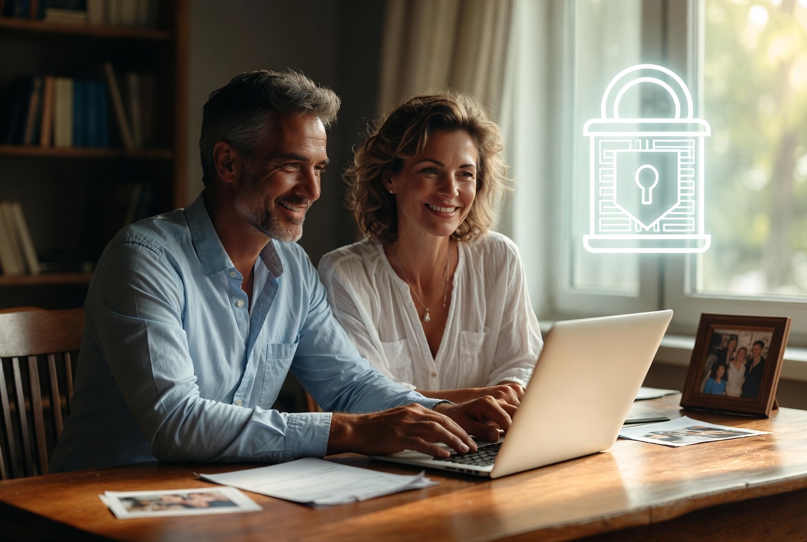 Couple reviewing finances with digital security lock icon